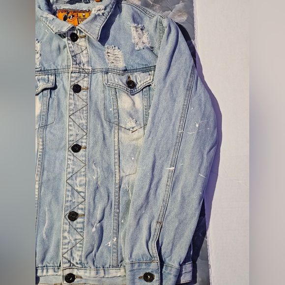Rolling Paper men's distressed denim jean jacket light wash Piant Splat Size L - Picture 3 of 16